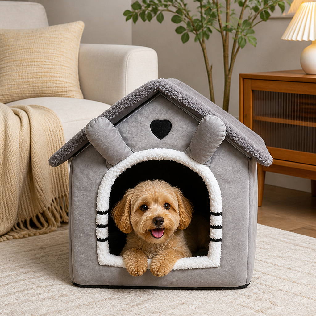 DogBedHouse All-Season Plush Washable Cat & Small Dog Bed (Non-Slip Bottom)