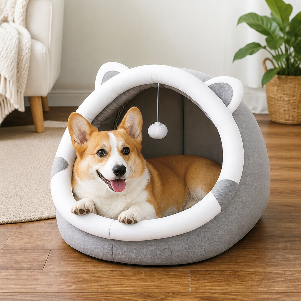DogBedHouse Plush Polyester & Washable Pet Cave Bed