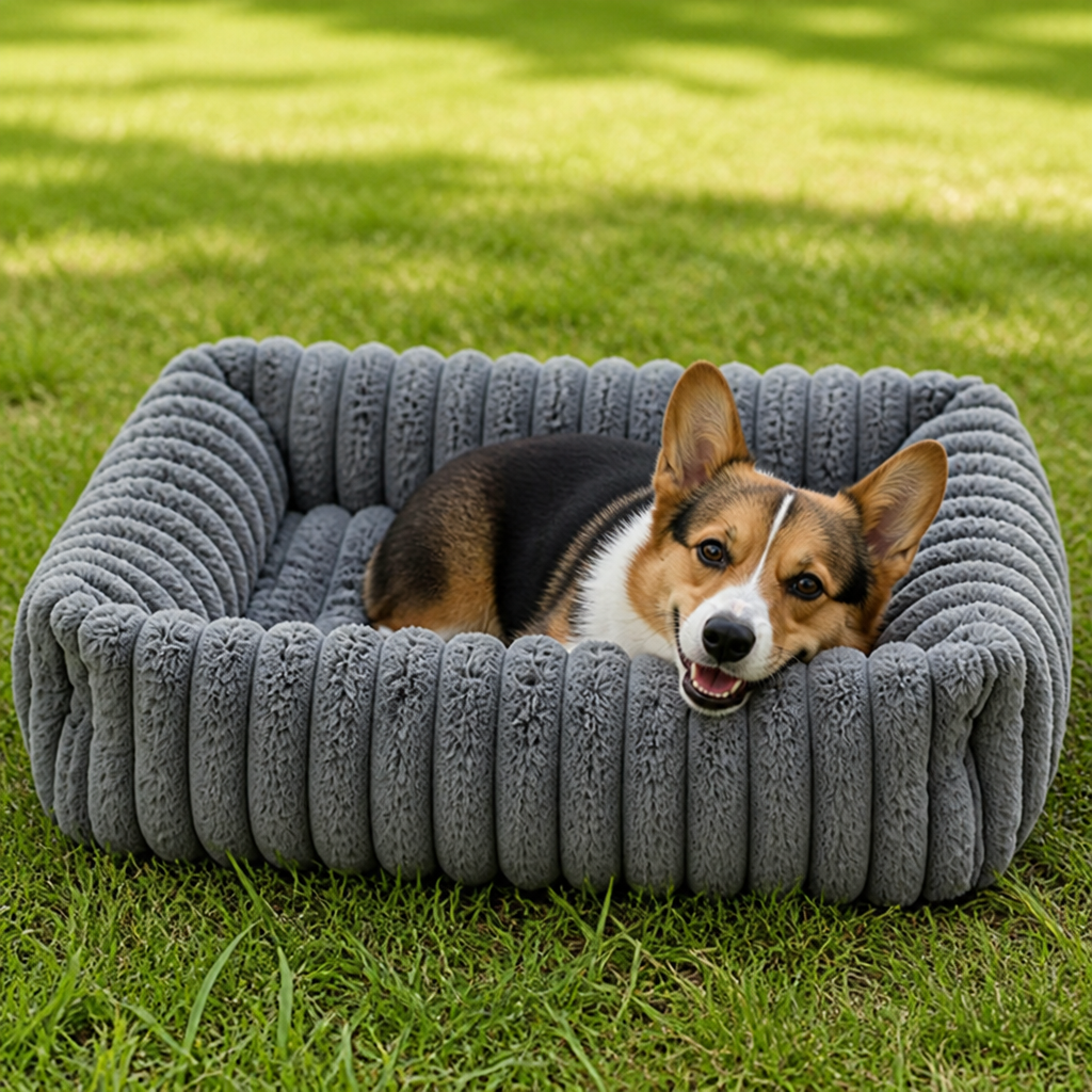 DogBedHouse Neck-Supporting Extra-Soft Corduroy Bolster Bed (Removable Cover)