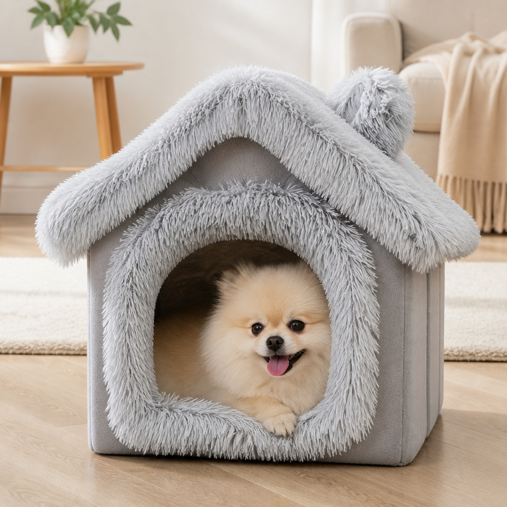 DogBedHouse Semi-Enclosed Plush Cat Bed (Removable Non-Slip Base)