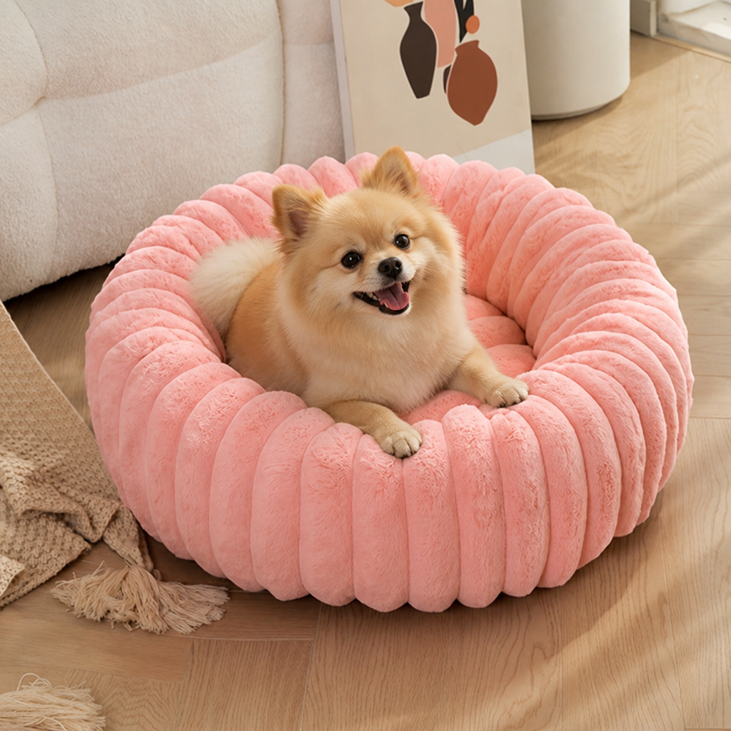 DogBedHouse Long-Pile Plush & Insulated Round Dog Bed (For Small Dogs & Cats)