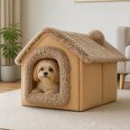 DogBedHouse Semi-Enclosed Plush Cat Bed (Removable Non-Slip Base)