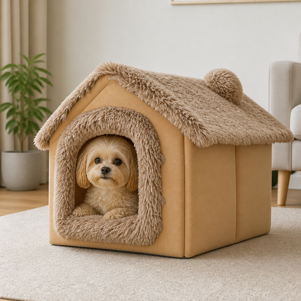 DogBedHouse Semi-Enclosed Plush Cat Bed (Removable Non-Slip Base)