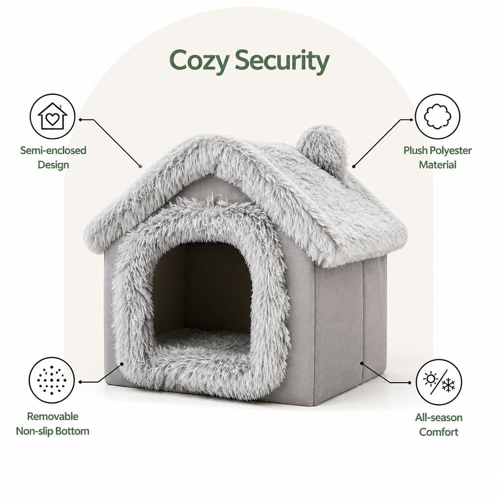 DogBedHouse Semi-Enclosed Plush Cat Bed (Removable Non-Slip Base)