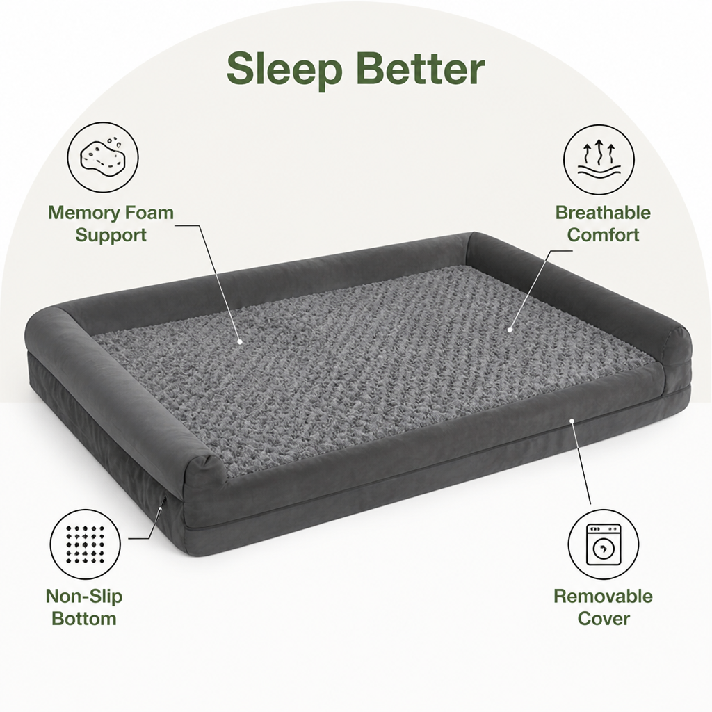 DogBedHouse Orthopedic Memory Foam & Non-Slip Dog Bed (Removable Cover)