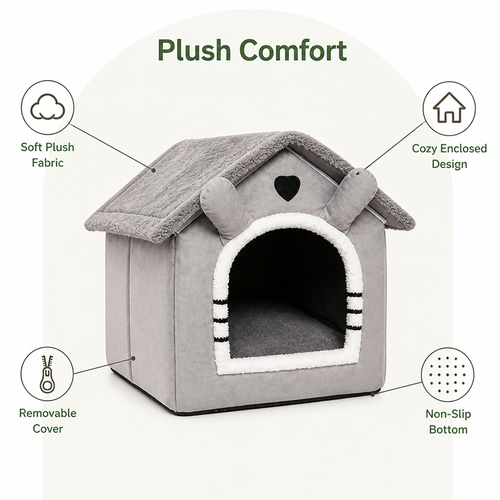 DogBedHouse All-Season Plush Washable Cat & Small Dog Bed (Non-Slip Bottom)