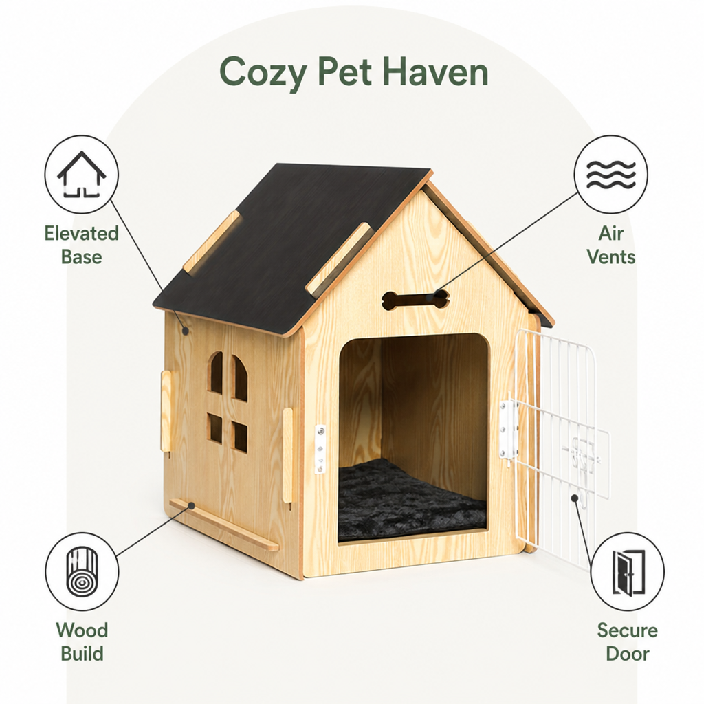 DogBedHouse Elevated Wood & Ventilated Pet House (For Small Dogs & Cats)