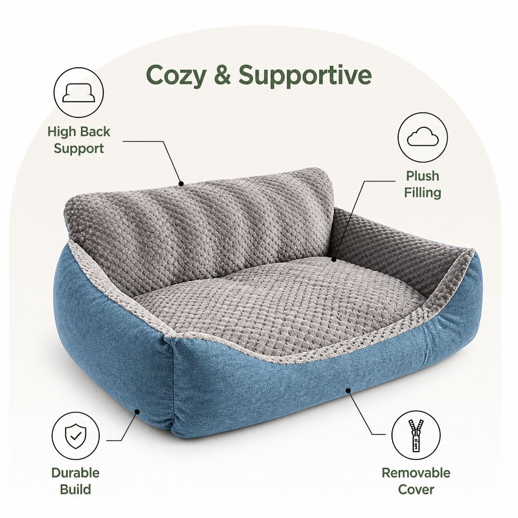DogBedHouse Extra-Thick Plush & High Backrest Dog Sofa Bed (Removable Cover)