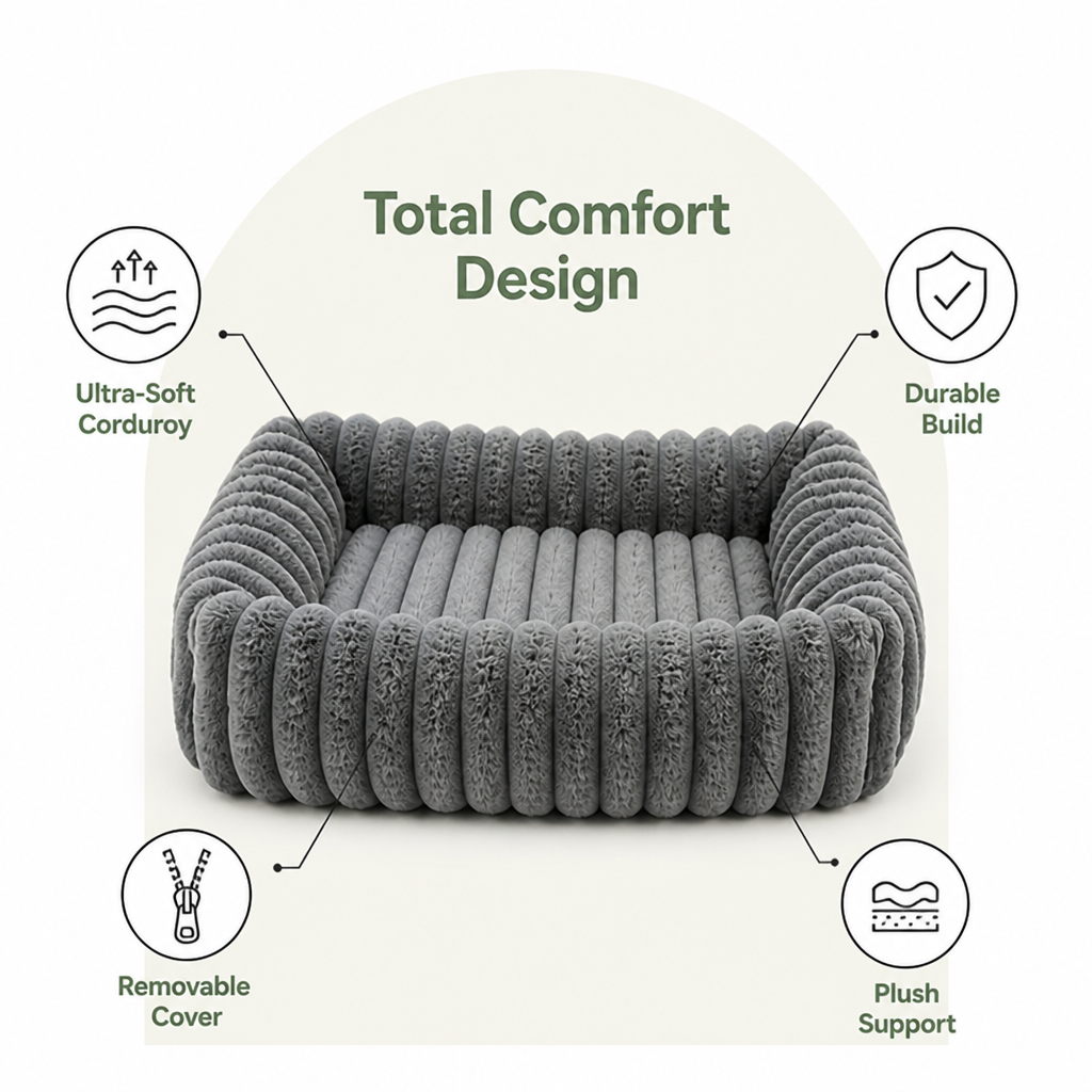 DogBedHouse Neck-Supporting Extra-Soft Corduroy Bolster Bed (Removable Cover)