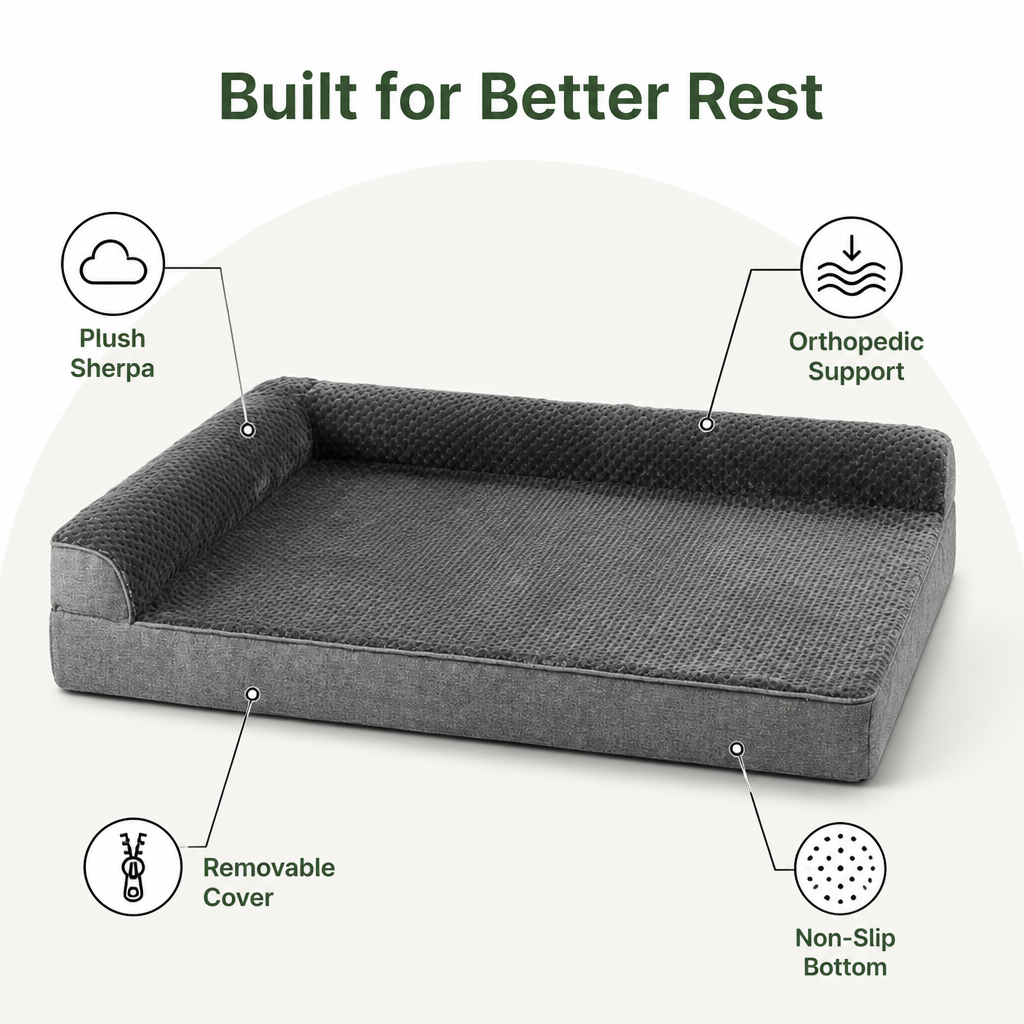 DogBedHouse Orthopedic High-Density Foam & Sherpa Dog Bed (Removable Cover)