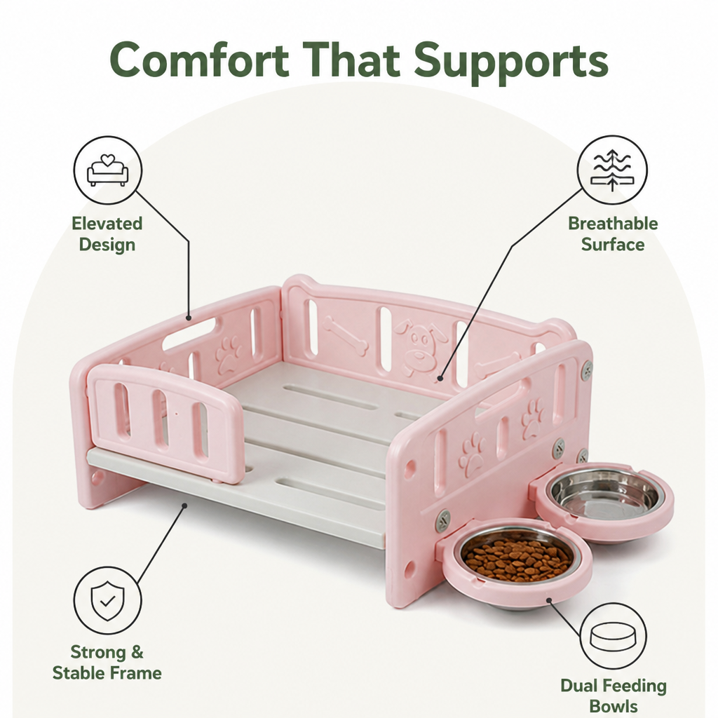 DogBedHouse Orthopedic Elevated Entry & Calming Plush Pet Sofa (Includes Bowl)