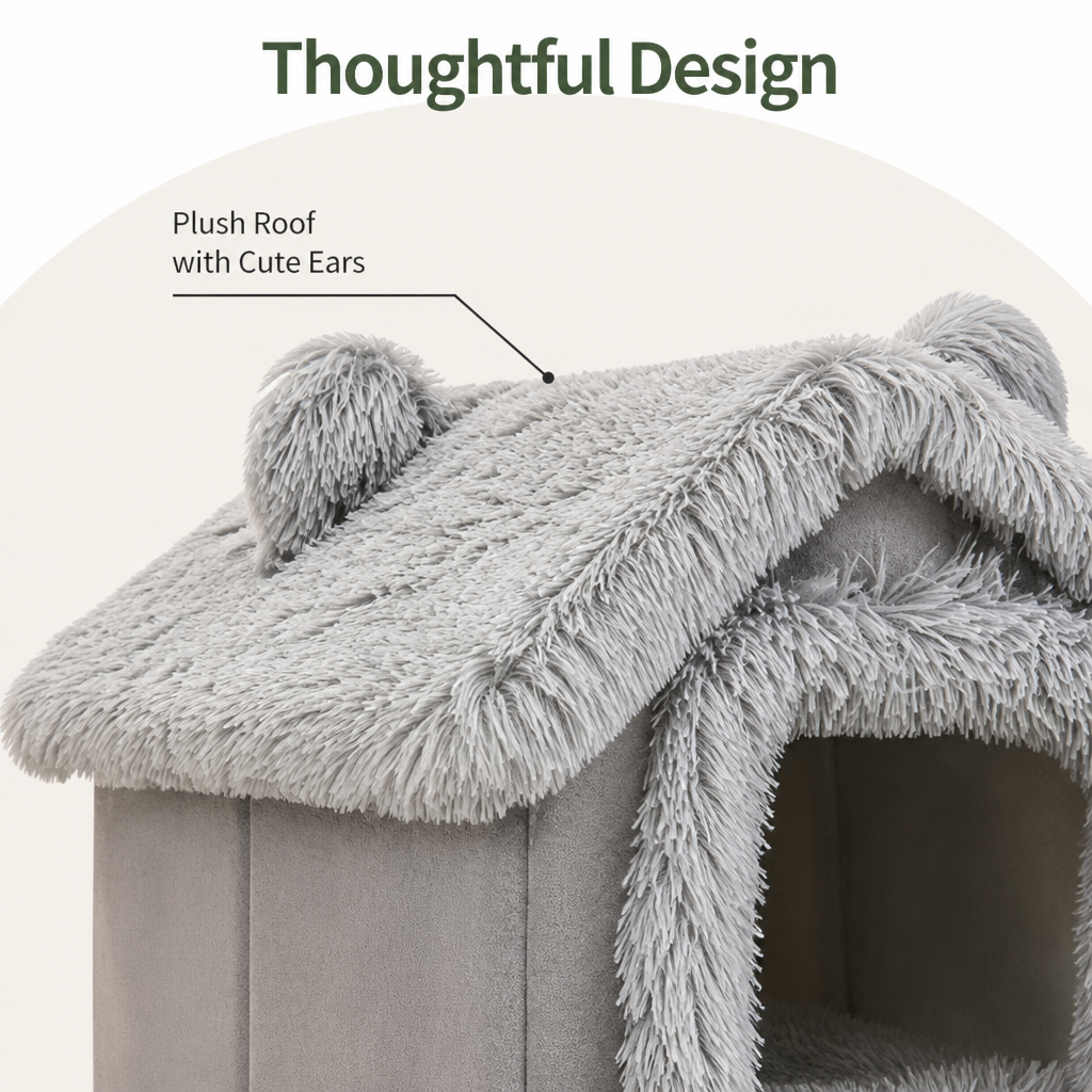 DogBedHouse Semi-Enclosed Plush Cat Bed (Removable Non-Slip Base)