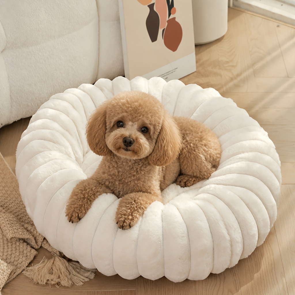 DogBedHouse Long-Pile Plush & Insulated Round Dog Bed (For Small Dogs & Cats)