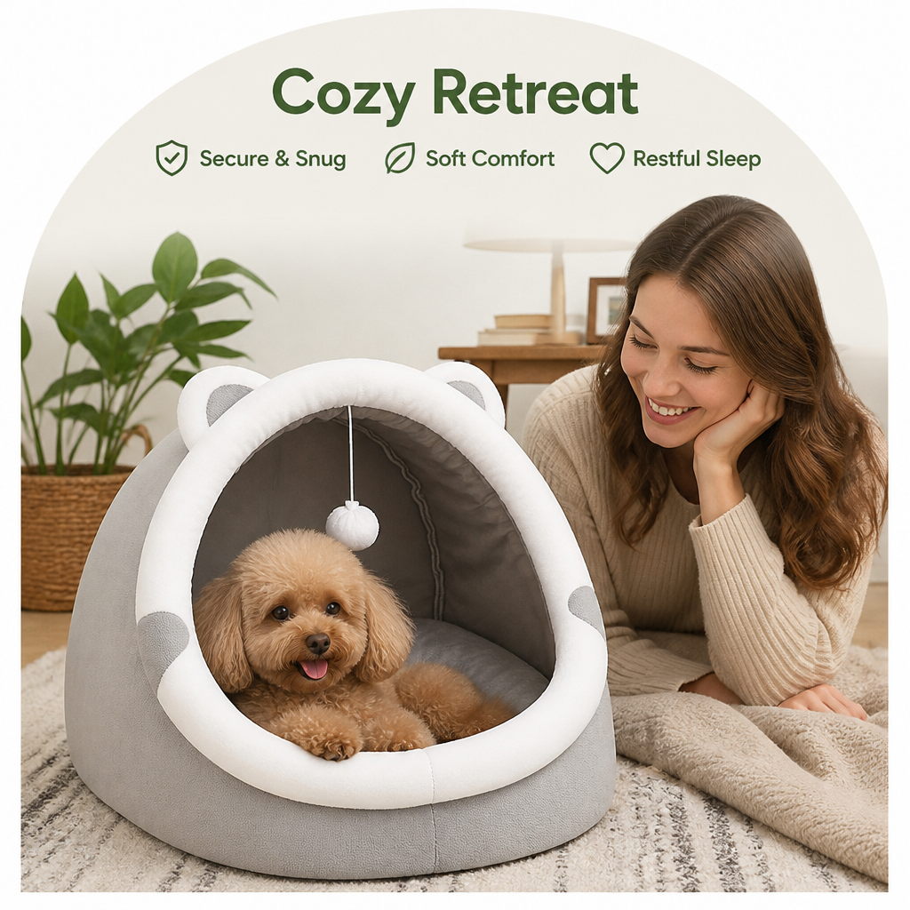 DogBedHouse Plush Polyester & Washable Pet Cave Bed