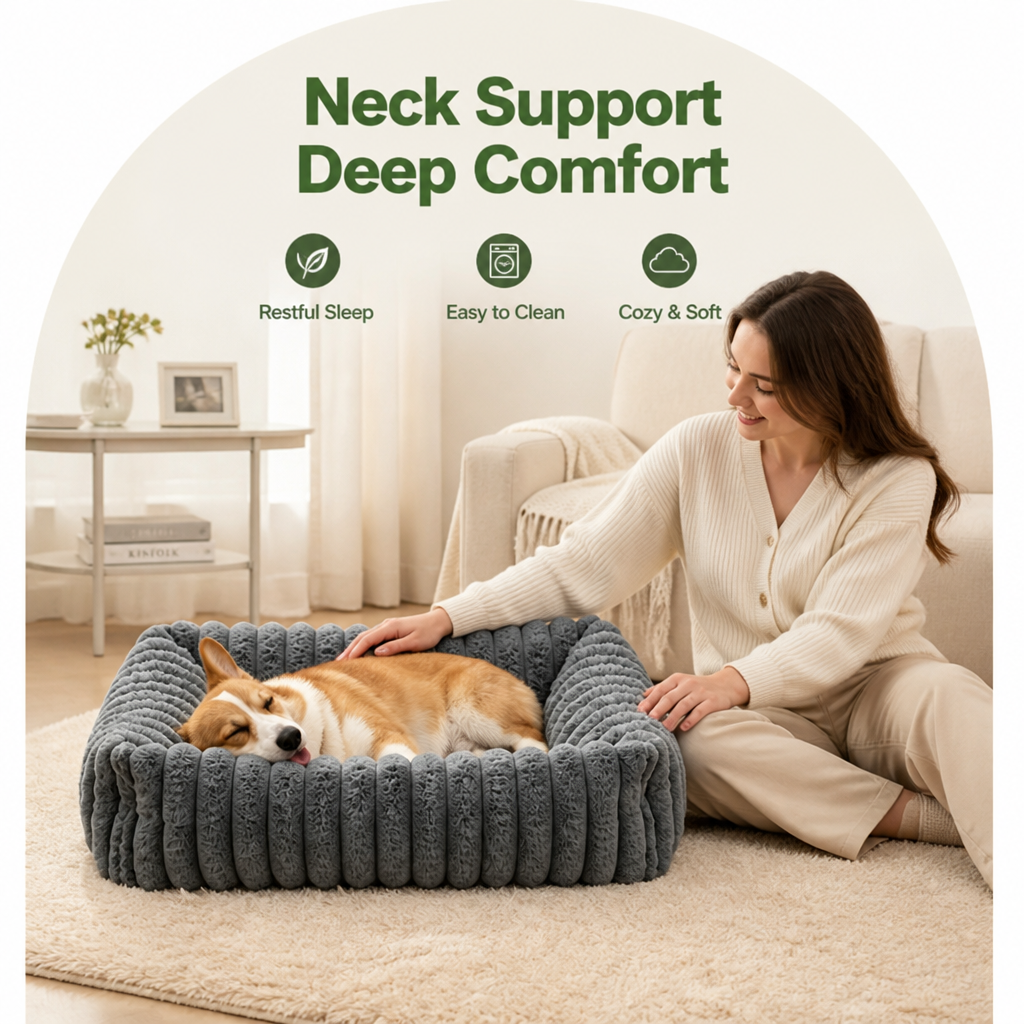 DogBedHouse Neck-Supporting Extra-Soft Corduroy Bolster Bed (Removable Cover)