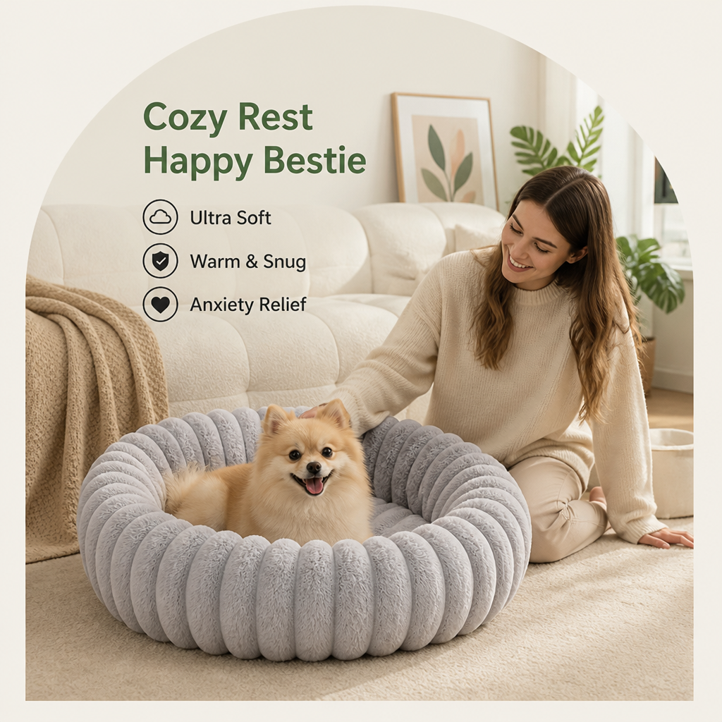 DogBedHouse Long-Pile Plush & Insulated Round Dog Bed (For Small Dogs & Cats)