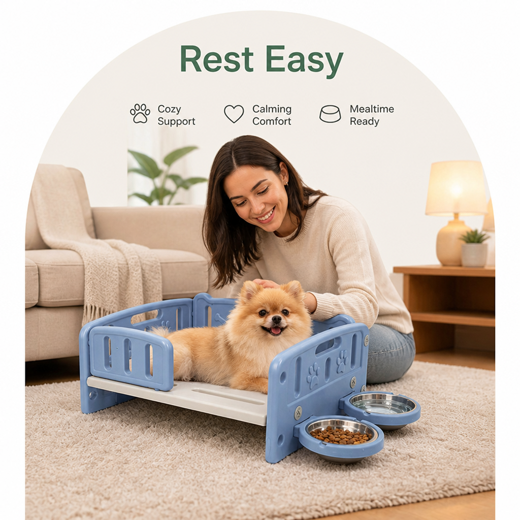 DogBedHouse Orthopedic Elevated Entry & Calming Plush Pet Sofa (Includes Bowl)