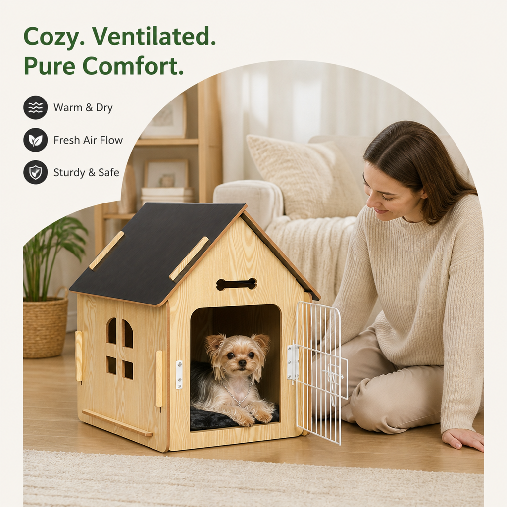 DogBedHouse Elevated Wood & Ventilated Pet House (For Small Dogs & Cats)