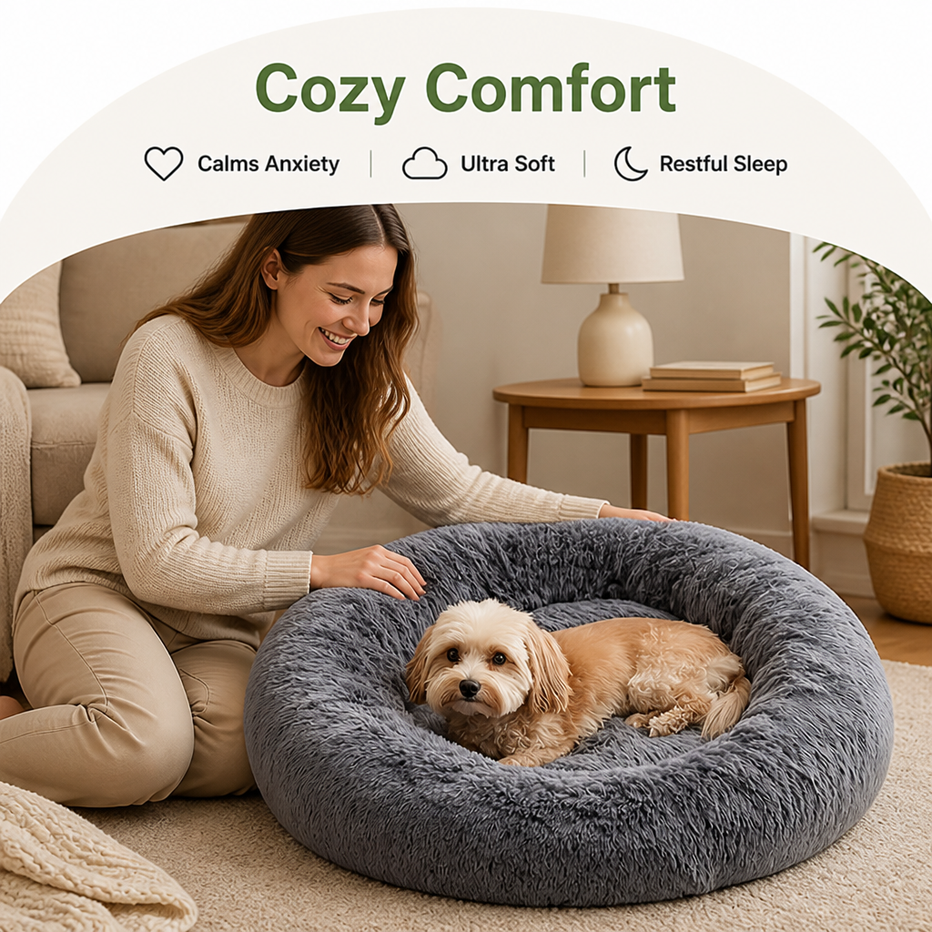 DogBedHouse Calming Plush Polyester Donut Bed