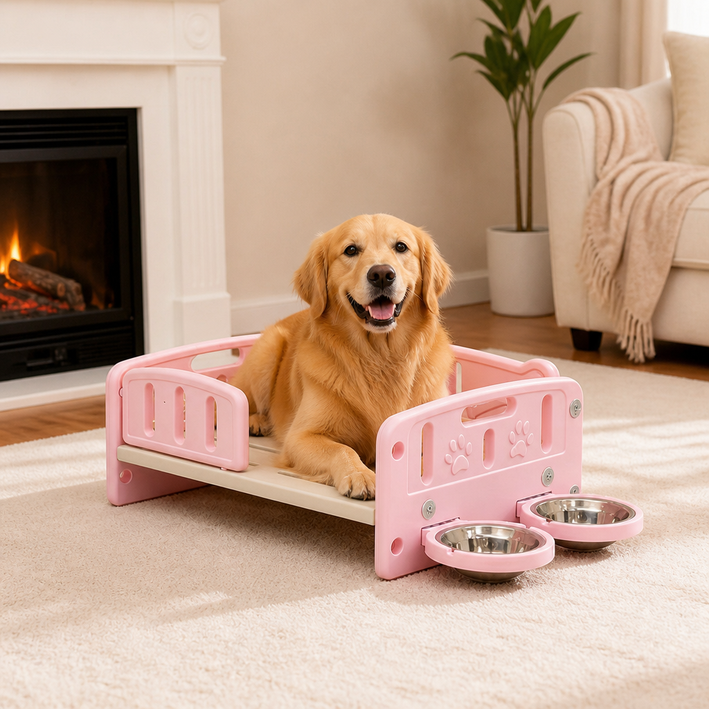 DogBedHouse Orthopedic Elevated Entry & Calming Plush Pet Sofa (Includes Bowl)