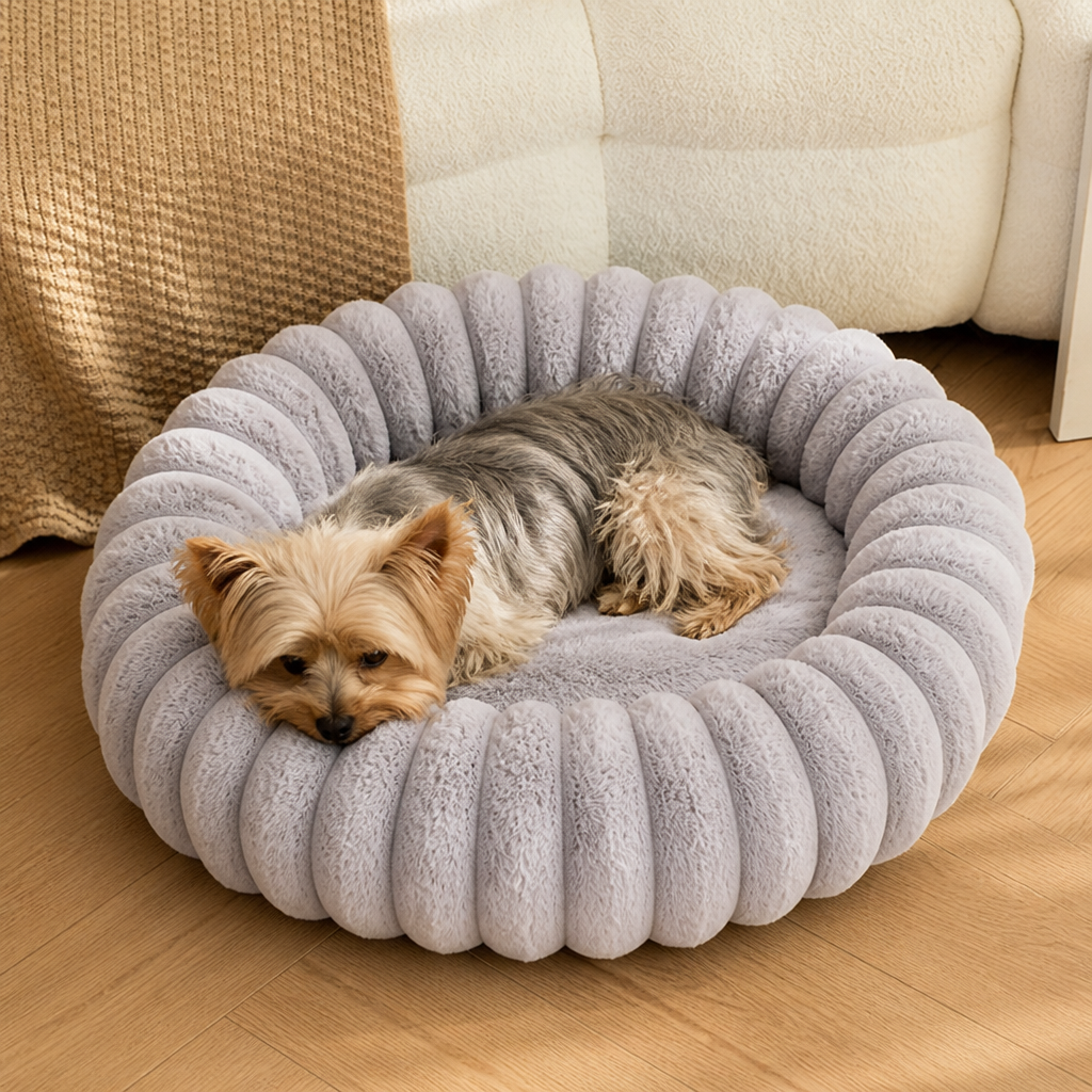 DogBedHouse Long-Pile Plush & Insulated Round Dog Bed (For Small Dogs & Cats)