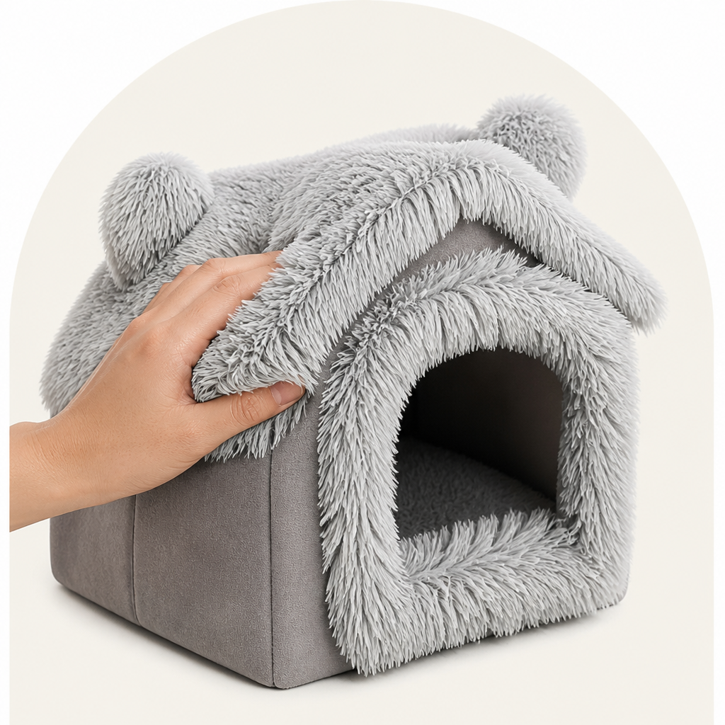 DogBedHouse Semi-Enclosed Plush Cat Bed (Removable Non-Slip Base)