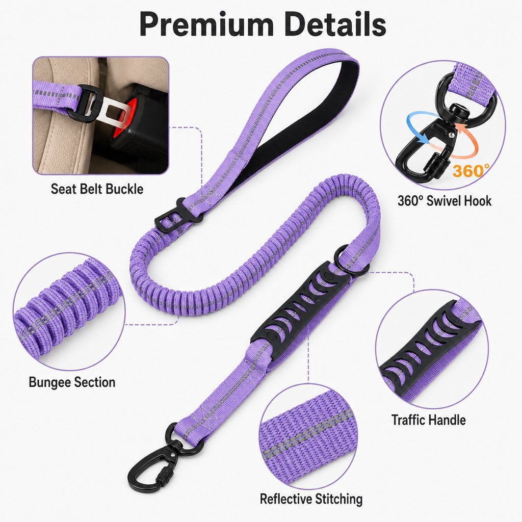 2-In-1 Reflective & Shock-Absorbing Dog Seat Belt Leash