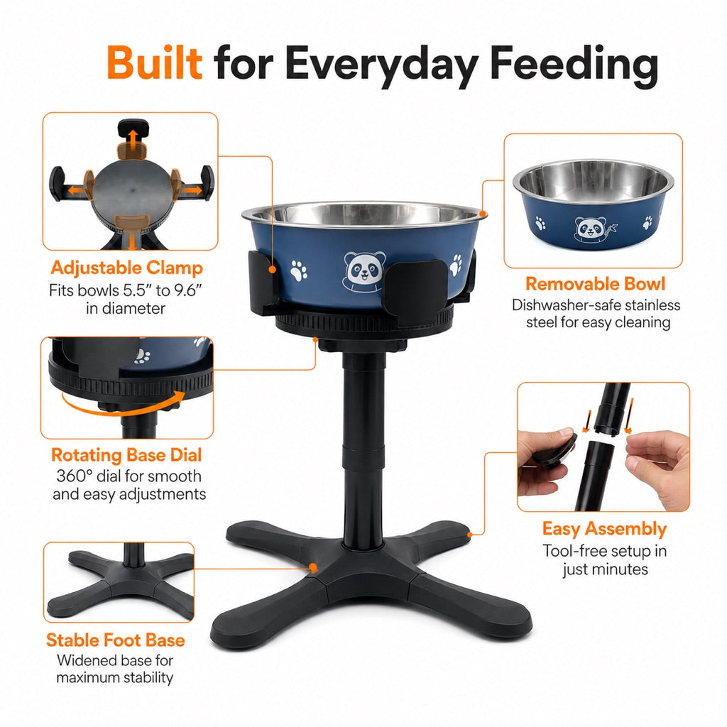 Adjustable Height & Tilt Elevated Dog Bowl (Slow-Feed Insert)