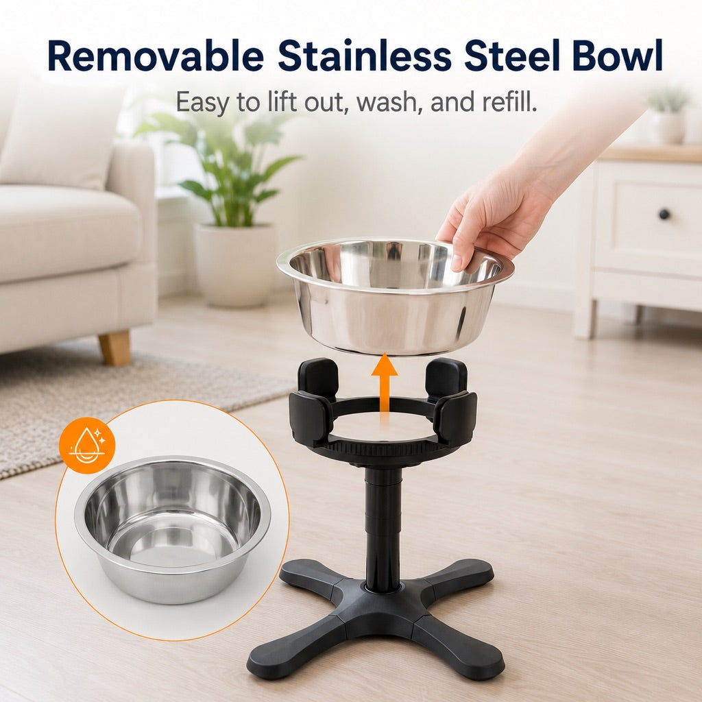 Adjustable Height & Tilt Elevated Dog Bowl (Slow-Feed Insert)
