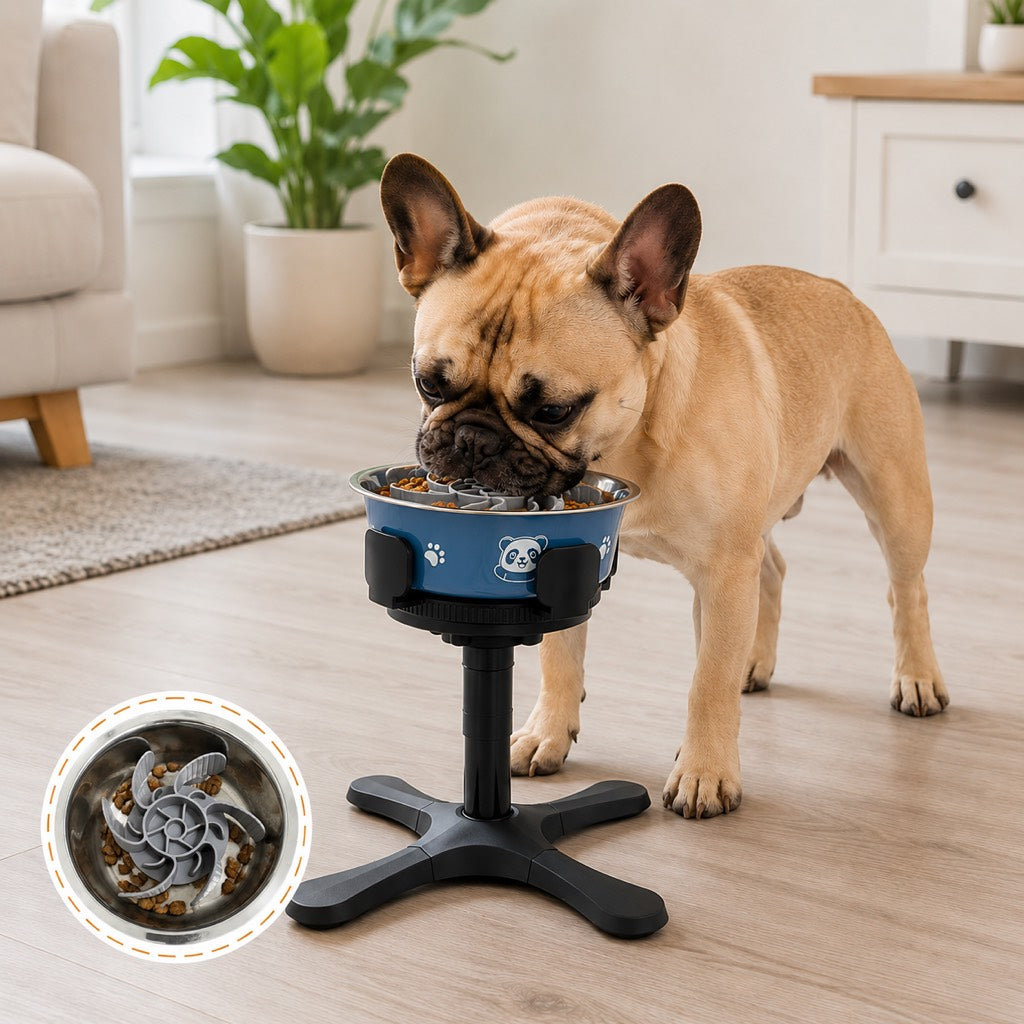 Adjustable Height & Tilt Elevated Dog Bowl (Slow-Feed Insert)