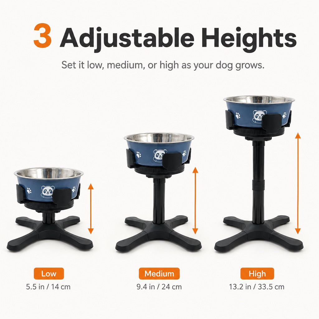Adjustable Height & Tilt Elevated Dog Bowl (Slow-Feed Insert)