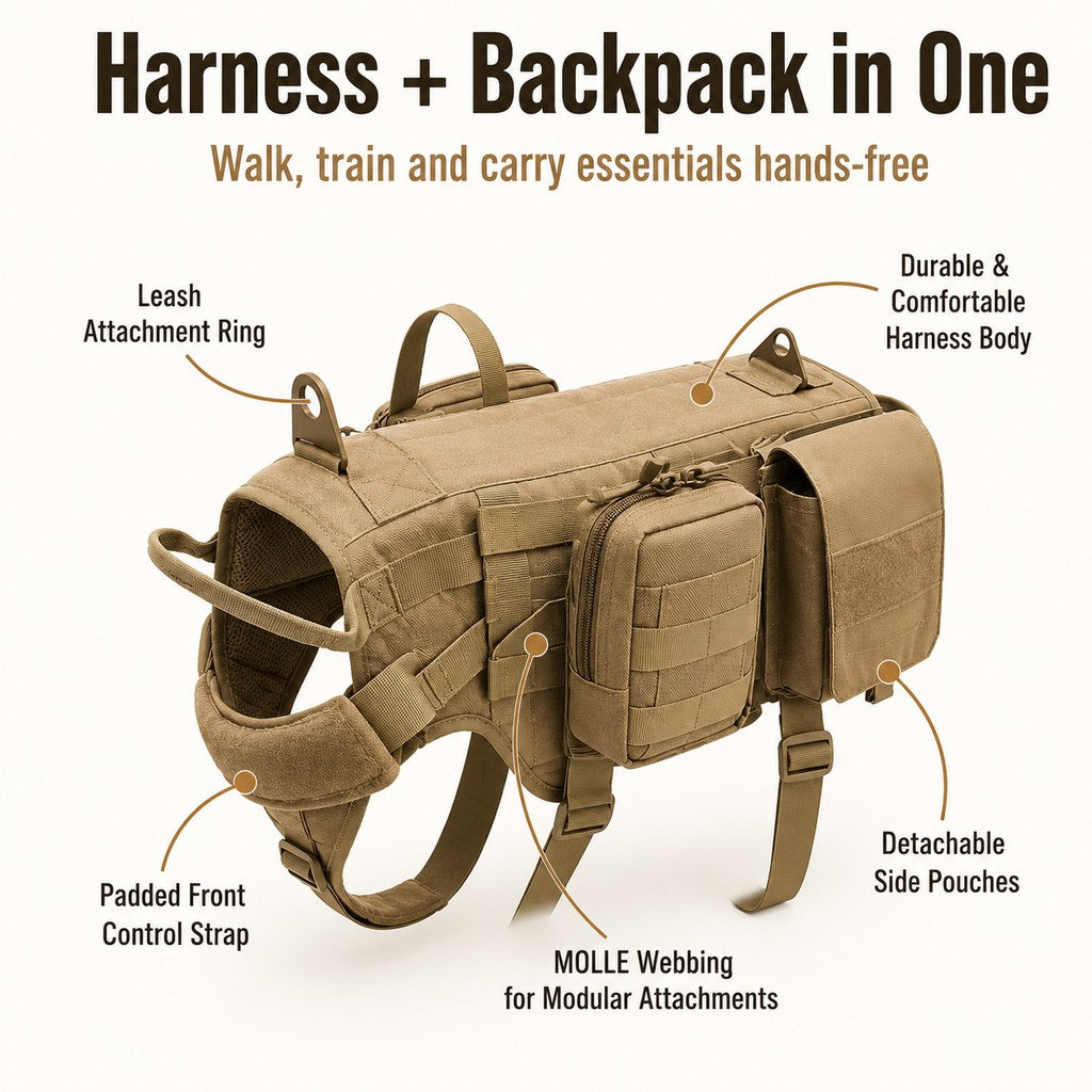 Detachable MOLLE Pouches & Breathable Mesh Dog Backpack Harness
