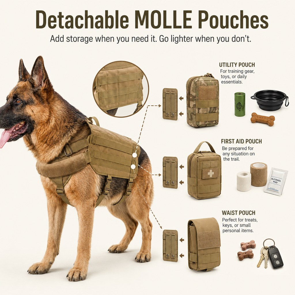 Detachable MOLLE Pouches & Breathable Mesh Dog Backpack Harness