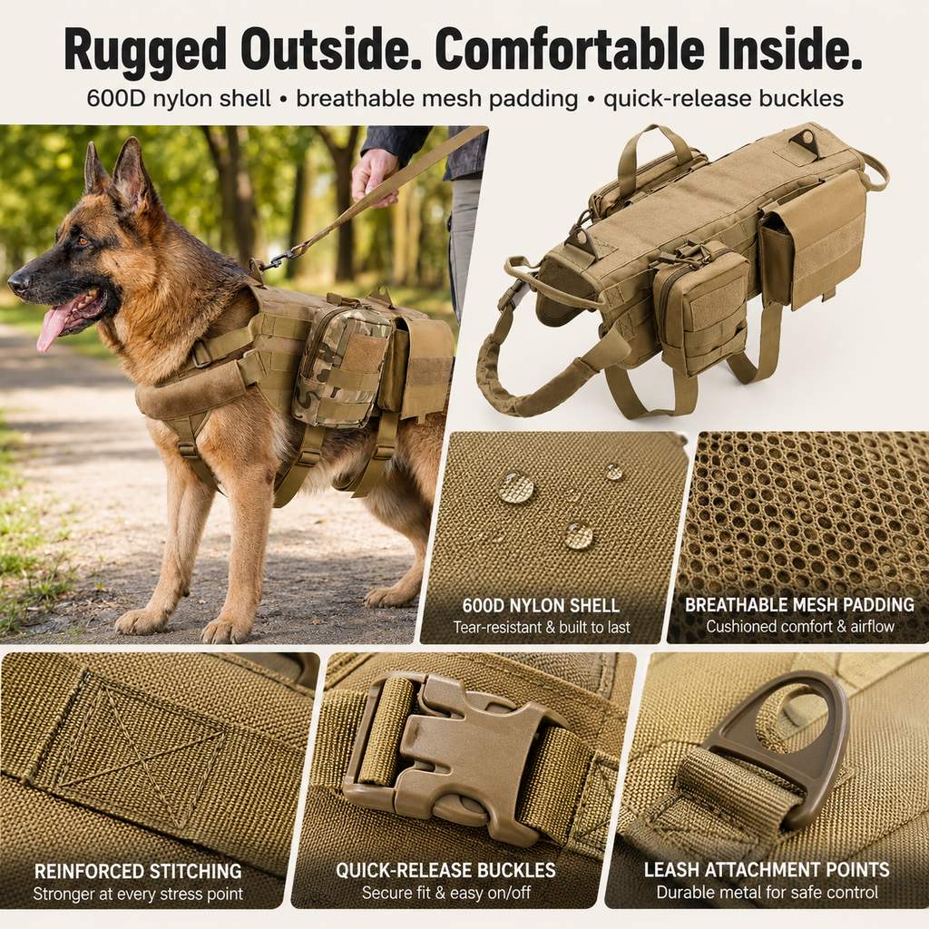 Detachable MOLLE Pouches & Breathable Mesh Dog Backpack Harness