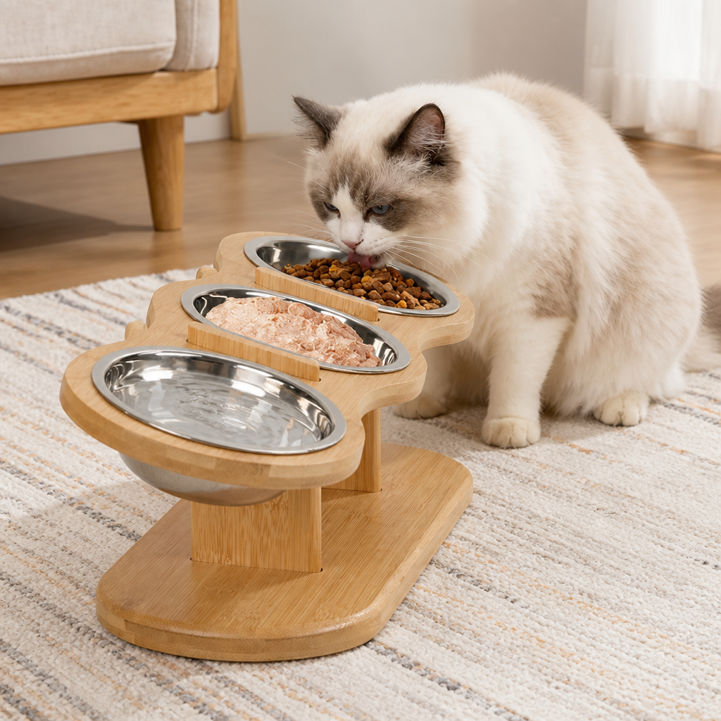 DogBedHouse 15° Angled Wood Stand Cat Feeder (3 Stainless Steel Bowls)