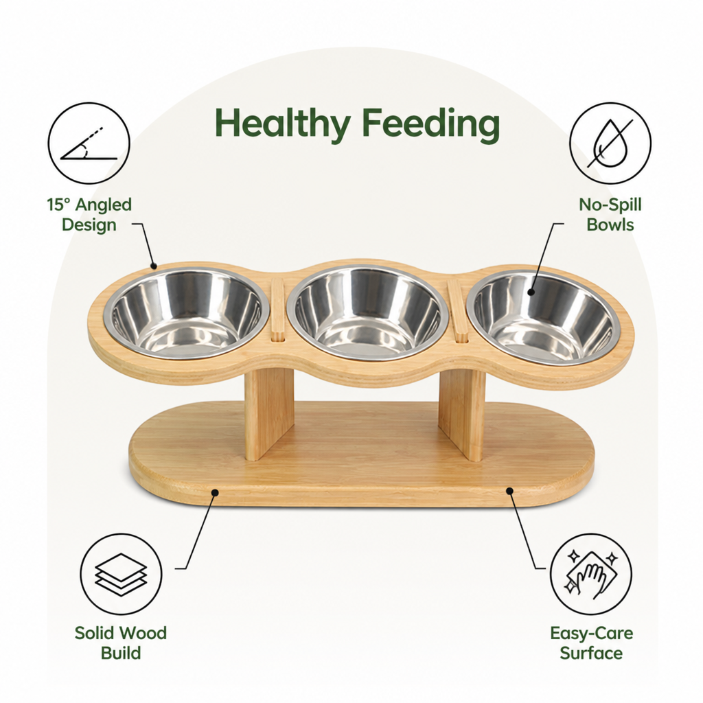 DogBedHouse 15° Angled Wood Stand Cat Feeder (3 Stainless Steel Bowls)