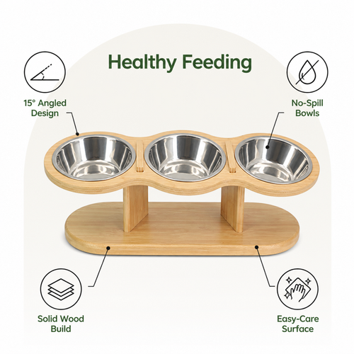 DogBedHouse 15° Angled Wood Stand Cat Feeder (3 Stainless Steel Bowls)