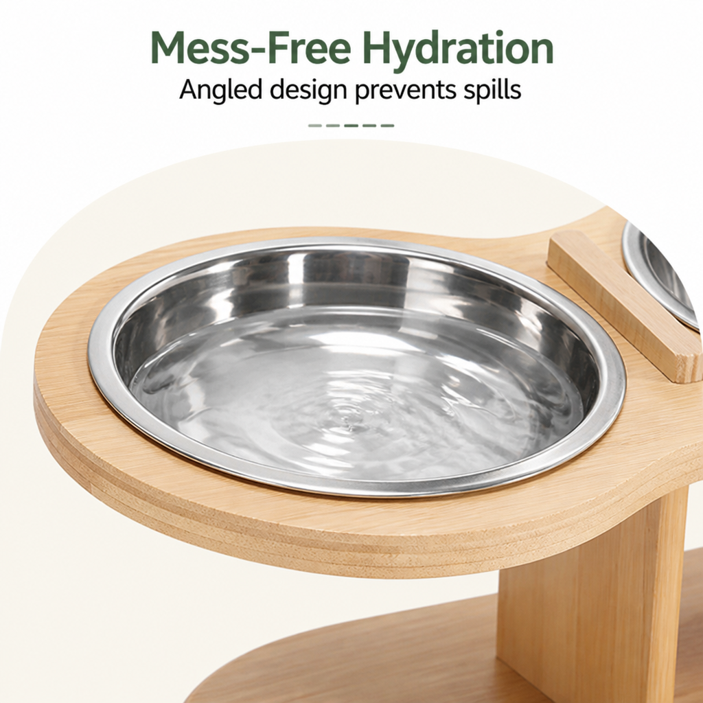 DogBedHouse 15° Angled Wood Stand Cat Feeder (3 Stainless Steel Bowls)