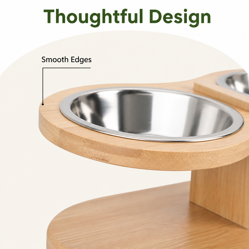 DogBedHouse 15° Angled Wood Stand Cat Feeder (3 Stainless Steel Bowls)