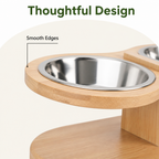 DogBedHouse 15° Angled Wood Stand Cat Feeder (3 Stainless Steel Bowls)