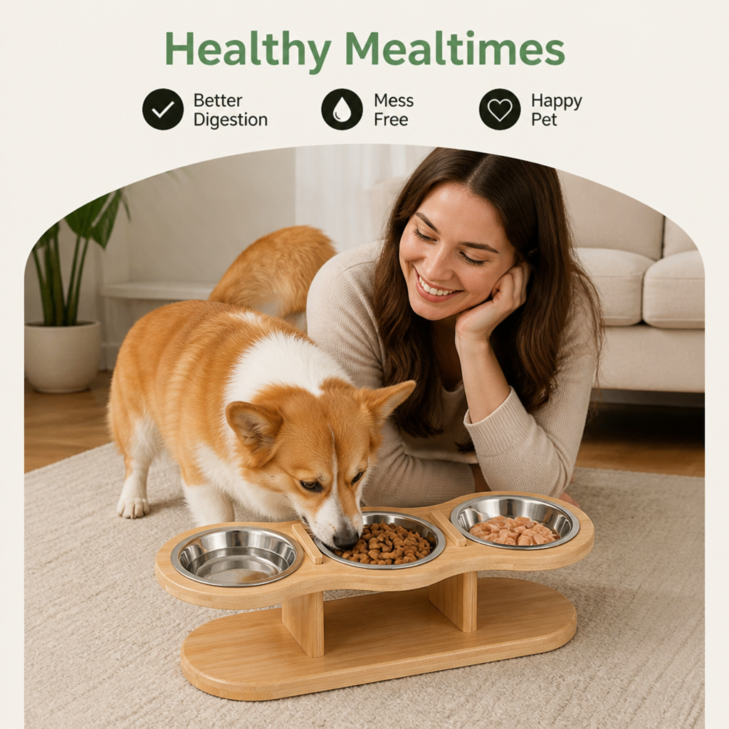 DogBedHouse 15° Angled Wood Stand Cat Feeder (3 Stainless Steel Bowls)
