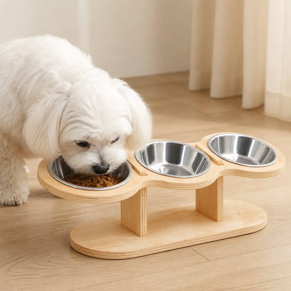 DogBedHouse 15° Angled Wood Stand Cat Feeder (3 Stainless Steel Bowls)