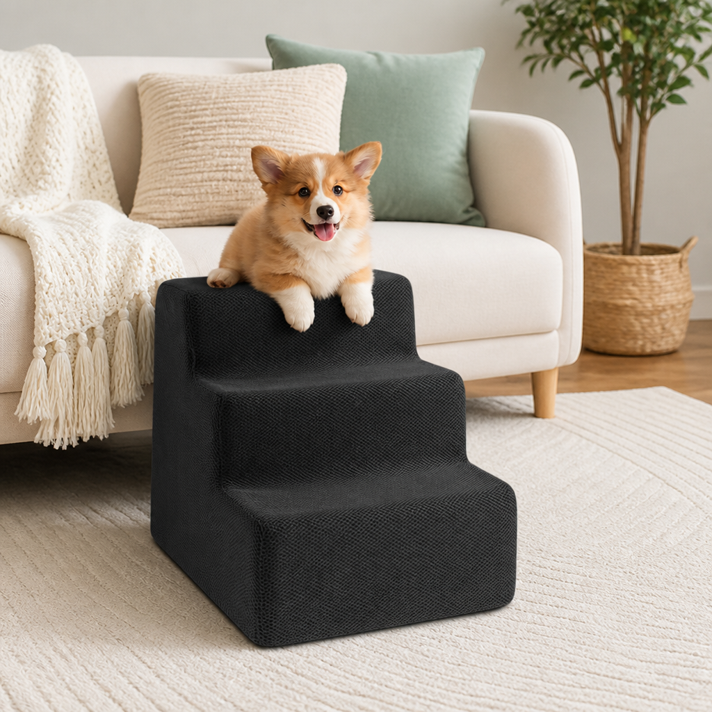 DogBedHouse 3-Step High-Density Foam Dog Stairs (Removable Washable Cover)