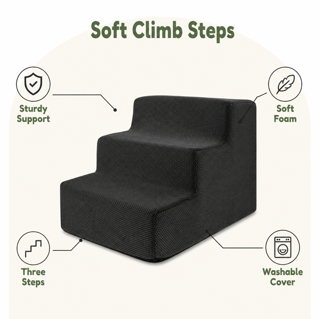 DogBedHouse 3-Step High-Density Foam Dog Stairs (Removable Washable Cover)