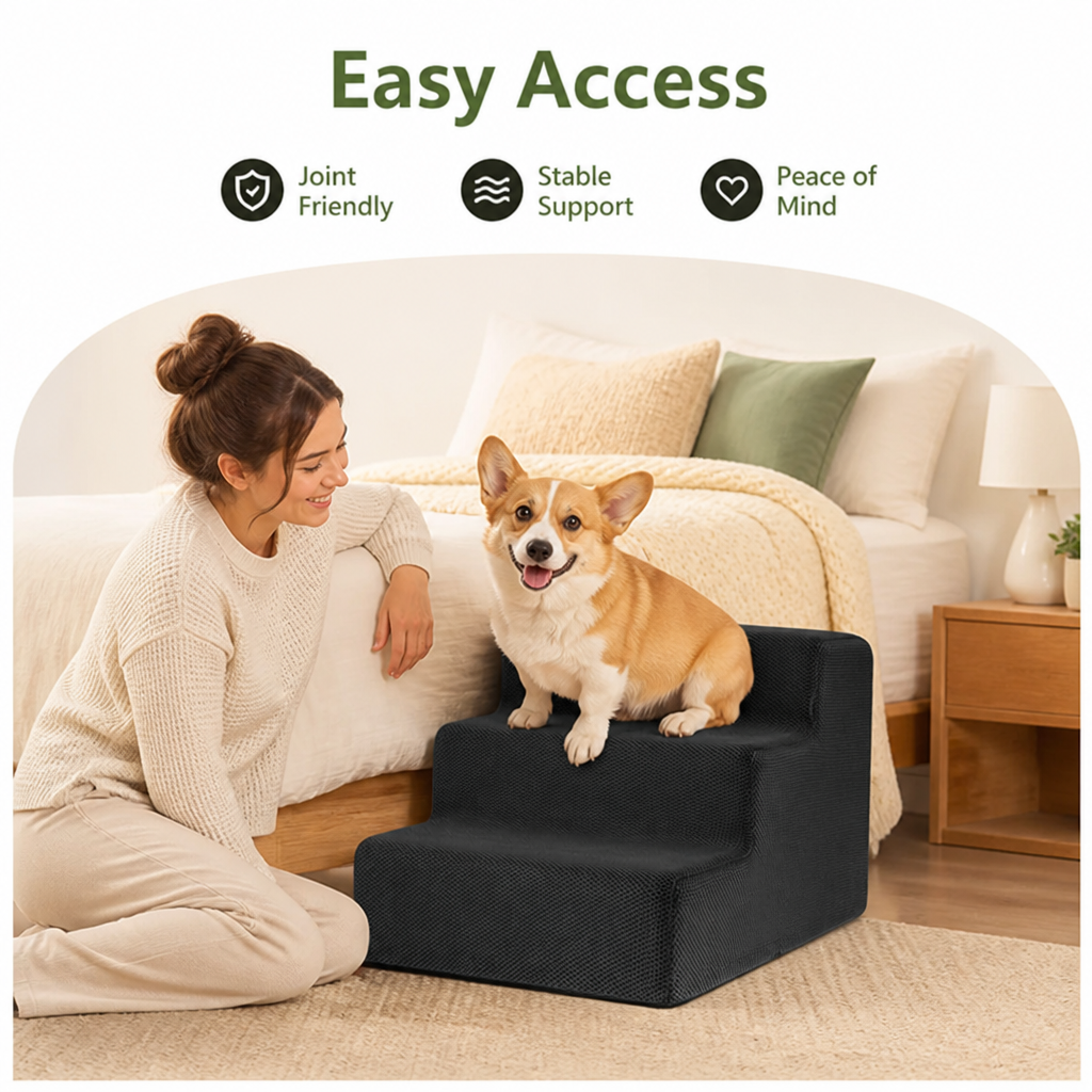 DogBedHouse 3-Step High-Density Foam Dog Stairs (Removable Washable Cover)
