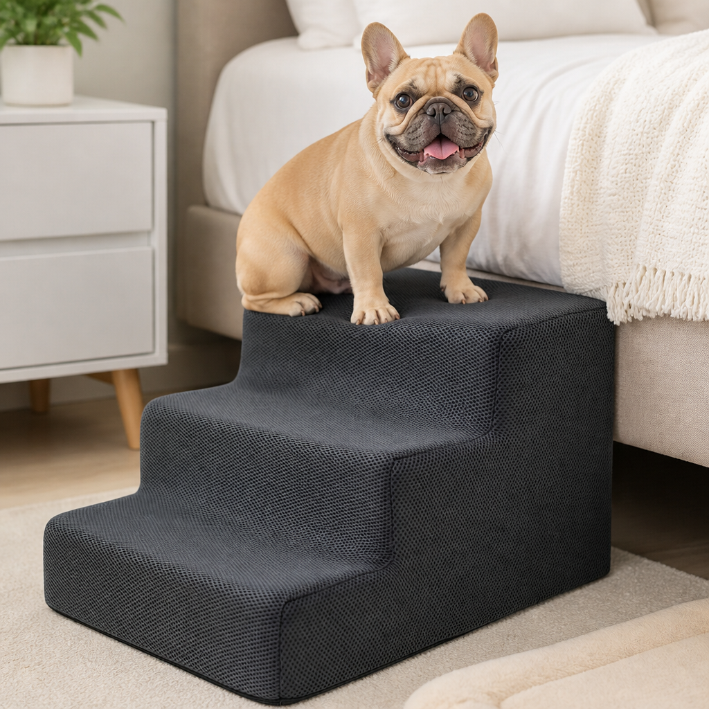DogBedHouse 3-Step High-Density Foam Dog Stairs (Removable Washable Cover)