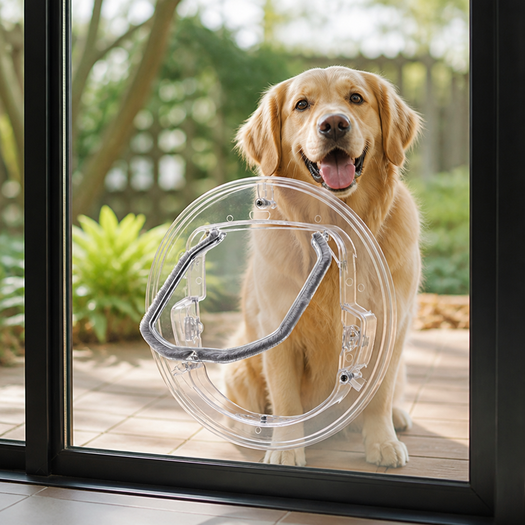 DogBedHouse 4-Way Locking Noise-Reducing Pet Door (Glass Mount)