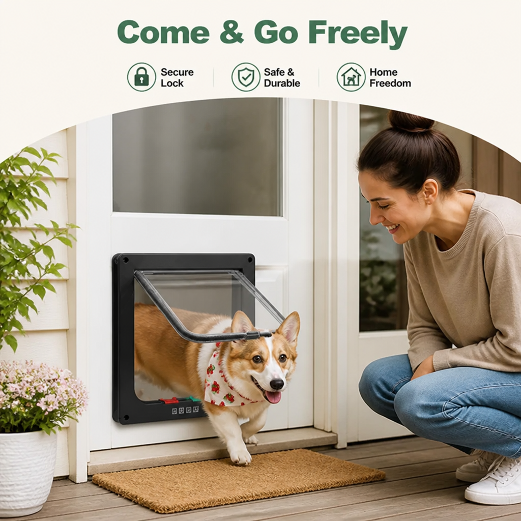 DogBedHouse 4-Way Security Lock & Transparent Swing Pet Door (Multiple Sizes)