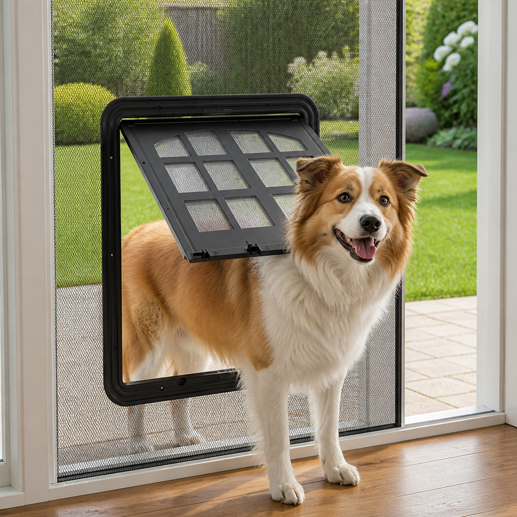 DogBedHouse 4-Way Self-Closing Dog Screen Door (Fits Screen Doors & Windows)