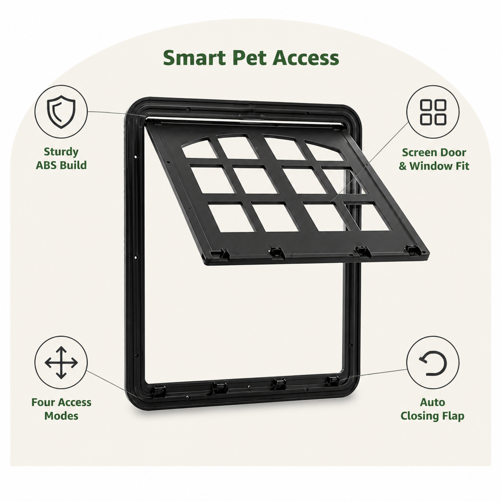 DogBedHouse 4-Way Self-Closing Dog Screen Door (Fits Screen Doors & Windows)